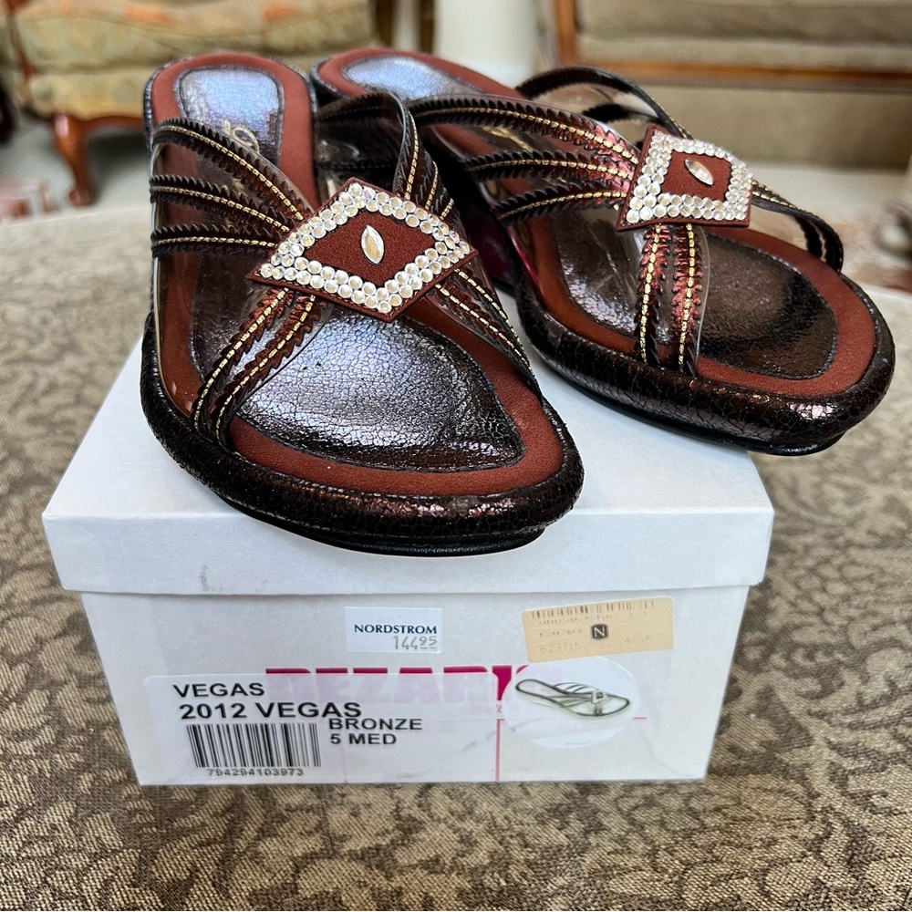 Dezario Vegas Bronze Gold Wedge Sandal  With Rhinestones Size 5 Reg. $144